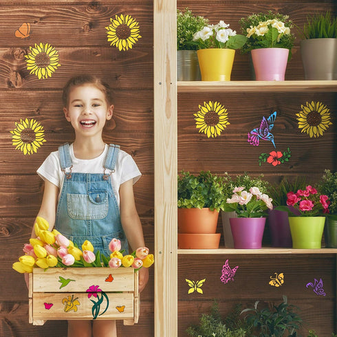 16 Pieces Flower Stencil for Painting Bee Sunflower Butterfly Spring Stencil Large Template Reusable Summer Painting Stencil and Metal Open Ring f...