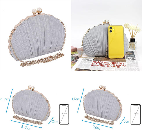 Women Mini Pleated Seashell Evening Clutch Handbag Chain Strap Cross-body Bag...