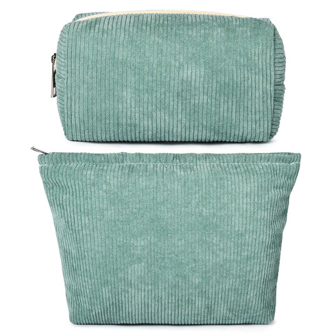 2 Pieces Corduroy Green Makeup Bag Large Corduroy Cosmetic Bag Capacity Canvas Travel Toiletry Bag Organizer Cute Makeup Brushes Aesthetic Accesso...