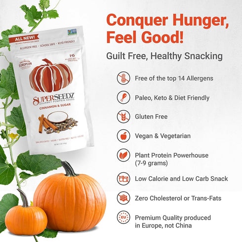 SuperSeedz Dry Roasted Pumpkin Seeds - Cinnamon & Sugar Pepitas, Vegan, Whole 30, Paleo, Healthy Snacks, 8g Plant Based Protein, Produced In USA, ...