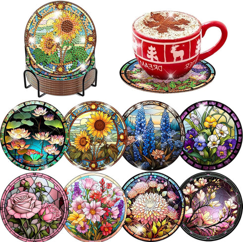 8 PCS Diamond Art Coasters-Flower Diamond Painting Coasters Kits with Holder,DIY Flowers Coasters Kit for Beginners Adults Art Craft Supplies Gift...
