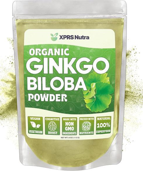XPRS Nutra Organic Ginkgo Biloba Powder - Gingko Biloba Supplements for Cognition - Vegan Friendly Ginkoba Biloba Organic - Immunity Boosting Gink...