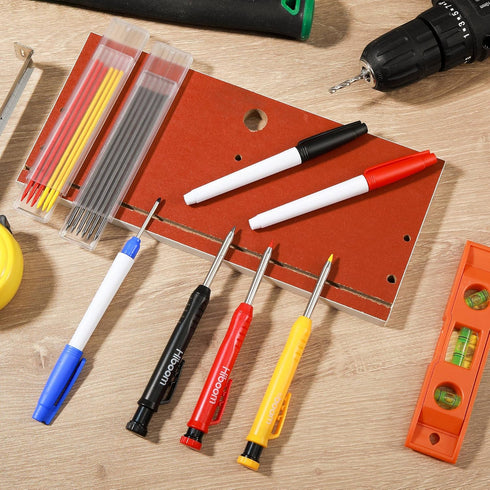 Hiboom Mechanical Carpenter Pencil Set, 3 Pcs Carpenter pencil with Sharpener and 12 Pcs Refills, 3 Pcs Deep Hole Marker, Heavy Duty Construction ...