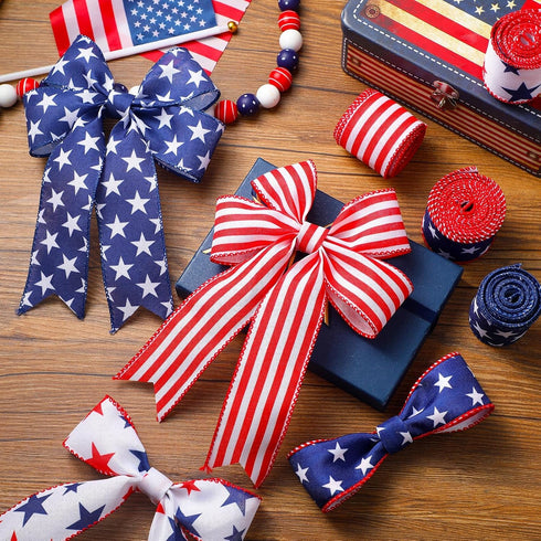 4 Rolls 4th of July Wired Ribbon 20 Yard Red White Blue Decorative Ribbon Patriotic Stars Stripes Edge Ribbons for Independence Day Bows DIY Wreat...