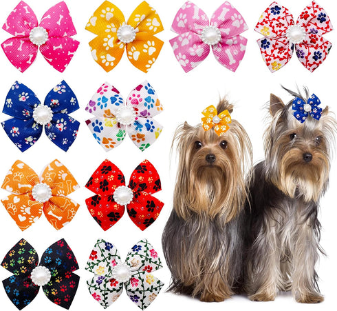 PET SHOW Bowknot Dog Hair Bows with French Barrette Clips Pet Puppies Yorkie Teddy Grooming Hair Accessories Pack of 10 (Paw Bone Printed)...