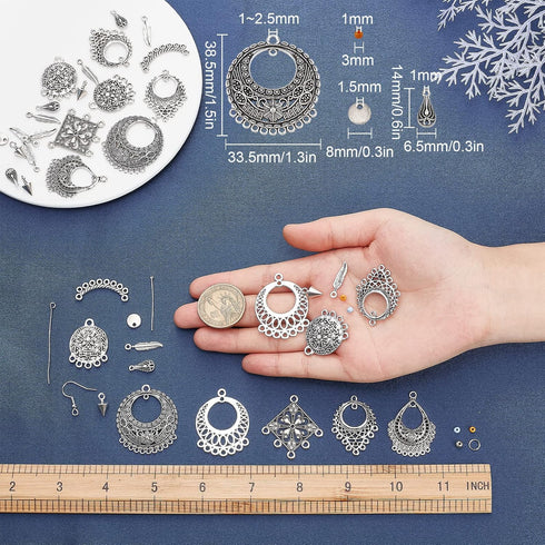 SUNNYCLUE 1 Box DIY 10 Pairs Chandelier Charms Earring Making Kit Boho Charms for Jewelry Making Feather Charms Cone Charms Flat Round Charms Head...