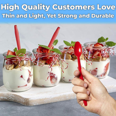 Extra Long, Sturdy Red 8in Premium Sundae Spoons 50ct. Heavy Duty Disposable Plastic Utensils for Ice Cream, Milkshakes, Tea and Floats. Best Stir...