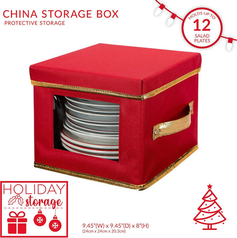Simplify Holiday Salad Plate Dinnerware Storage Box | 9.45 Inch | Christmas China | 12 Felt Dividers | Tableware Setting | Red...