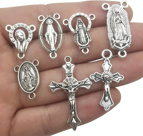 100g (60pcs) Antique Silver Cross Jesus Maria Our Lady Miraculous Centerpiece Crucifix Medal Charms Pendants for Crafting, Jewelry Findings Making...