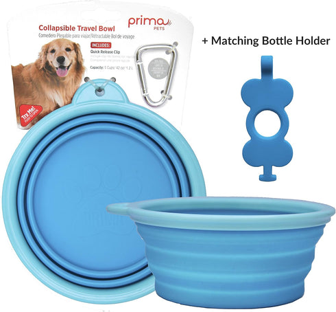 Prima Pet Collapsible Silicone Food & Water Travel Bowl with Clip for Dog and Cat (Large (5 Cups) + Bottle Holder, Aqua)...