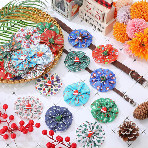 60 Pcs Christmas Dog Collar Flowers Bulk Winter Pet Flower Collar Bow Ties Holiday Dog Accessories Grooming Supplies Puppy Bows Slides Attachment ...