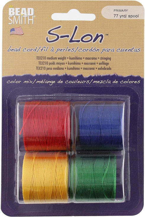 The Beadsmith S-Lon #18 Nylon Cord – Primary Mix – Tex210 Cord, 5mm Diameter, 4-Pack, 77 Yard Spools – for Stringing Beading Crochet, Micro-Macram...