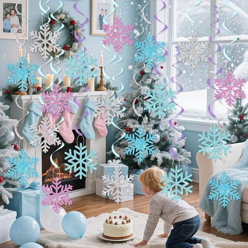 Snowflake Hanging Swirls Decorations, Winter Party Hanging Ceiling Streamers Purple Blue White Glitter Snowflakes Garland for Winter Wonderland Ba...
