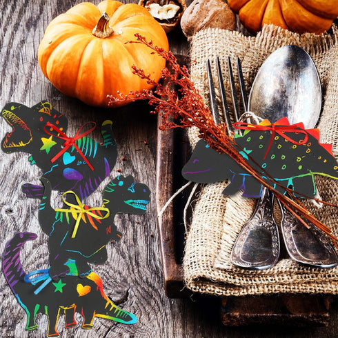 Outus 120pcs Scratch Dinosaur Craft Art Kits for Kids with 48 Scratch Dinosaur Paper24 Wooden Styluses and 48 Ribbons for Theme Birthday Party Gam...