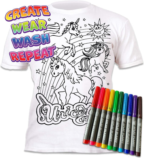 Splat Planet Colour-in Unicorn T-Shirt with 10 Non-Toxic Washable Magic Pens - Colour Your Own, Colour-in and Wash Out T-Shirt, Reusable Colouring...