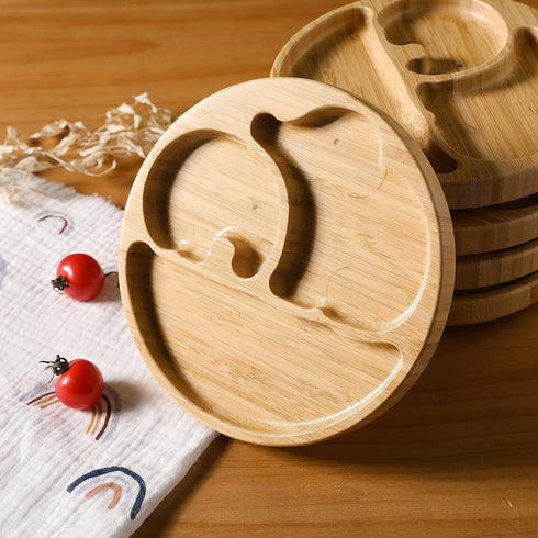 Suction Plates for Baby & Toddler, Bamboo Divided Platter Feeding Dishes with Silicone Fork& Spoon, All-Natural Baby Food Plate Stays for Baby-Led...