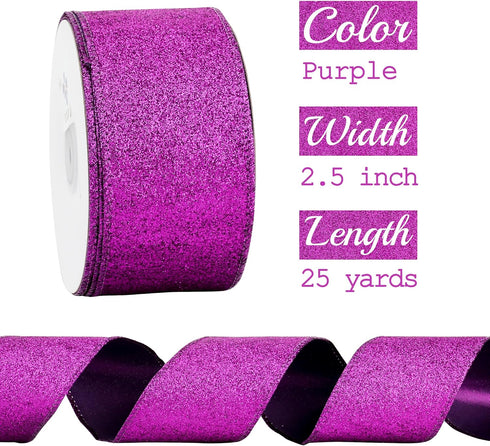 MEEDEE Purple Glitter Ribbon Halloween Ribbon 2.5 Inch Purple Wired Ribbon by 25 Yards Purple Tree Ribbon Purple Christmas Ribbon Purple Ribbon fo...