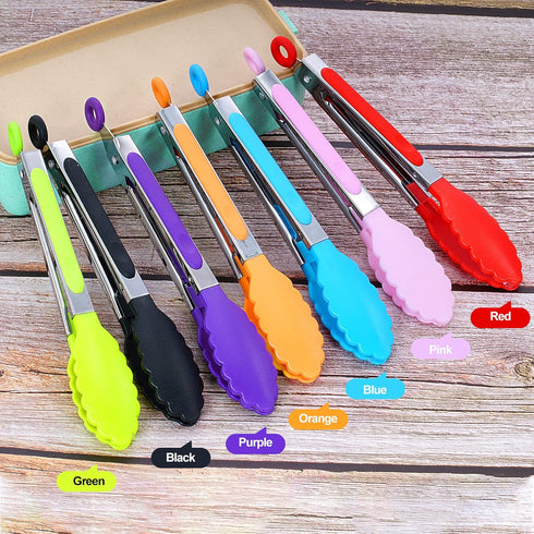 7Pack Kitchen Tongs,7 Inch Small Silicone Tongs with Stainless Steel Silicon Handles and Nylon Tips,Heat Resistant Non-Stick Cooking Tongs,Mini Lo...