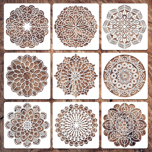 Wall Stencils for Painting Large Pattern, 9Pcs Mandala Stencils for Crafts on Wood Wall Floor, 12Inch Plastic Reusable Stencils for Furniture Deco...