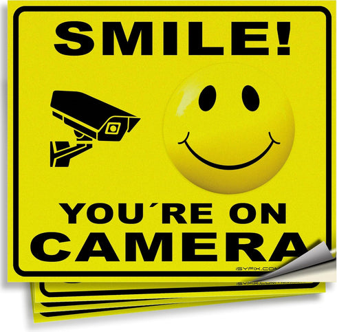 iSYFIX Smile You're On Camera Reflective Stickers for Home - 4 Pack 7x6 Inch - UV, Weather, Scratch, Fade Resistance, Security Camera Sign for Hom...