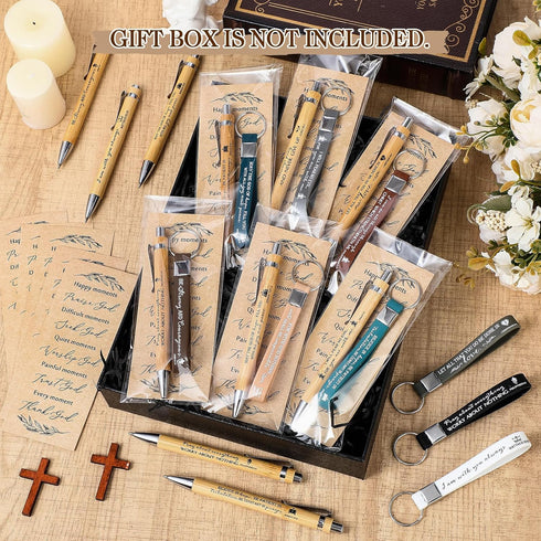 Gueevin 20 Sets Christian Gift Bulk Bible Verse Bamboo Pens Christian Bookmarks and Scripture Silicone Keychains Inspirational Ballpoint Pens Reli...