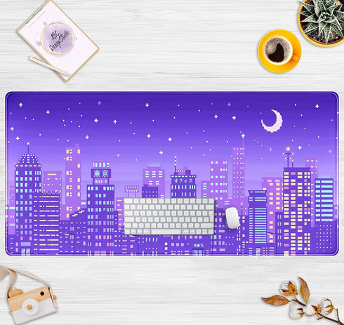 Purple Anime Desk Mat Japanese Tokyo City Mousepad Retro Neon Pixel XXL Deskmat Gaming Anime Cool Kawaii Large Mouse Pad Keyboard Mouse Mat Desk P...