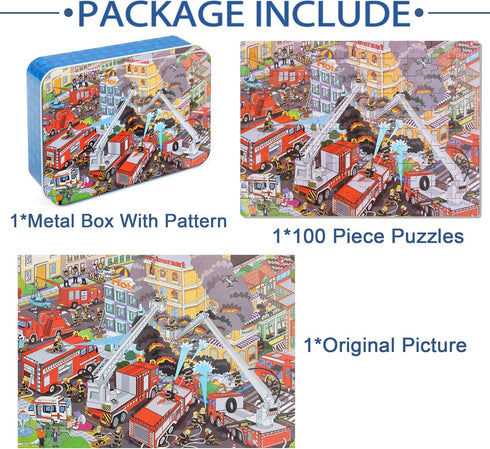 LELEMON Puzzles for Kids Ages 4-8,Fire Fighting 100 Piece Puzzles for Kids,Educational Kids Puzzles Jigsaw Puzzles in a Metal Box,Children 100 Pie...