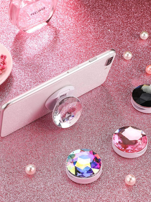 4 Pieces Disco Crystal Phone Grip Plastic Diamond Phone Holders Collapsible Adhesive Foldable Expanding Finger Stand Holder Kickstand for Smartpho...