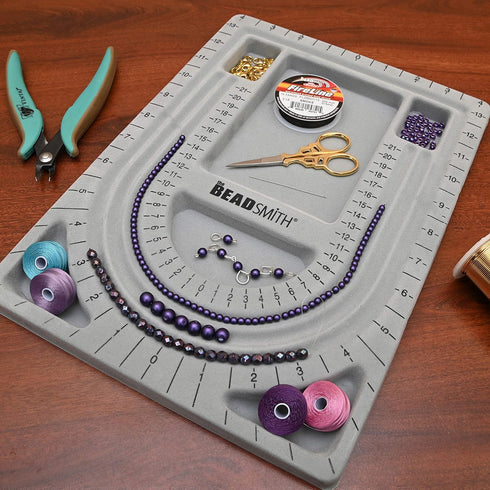 The Beadsmith Bead Board with Cover, Grey Flocked, 3 U-Shaped Channels, 6 Recessed Compartments,13.25H x 9.75L inches, Design Boards for Creating ...