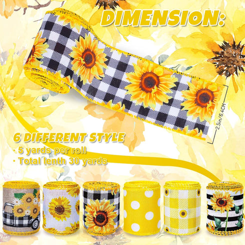 Whaline 6 Rolls Sunflower Wired Edge Ribbon 30 Yards 2.5 Inch Buffalo Plaids Flower Truck Fabric Ribbon Spring Summer Floral Decorative Craft Ribb...