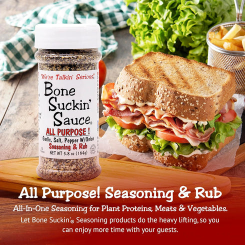 Bone Suckin' All Purpose Seasoning & Rub 5.8 oz, Zero Calorie, Sugar Free, Gluten Free, Non GMO, Kosher, Garlic, Salt, Pepper & Onion, For Pork, B...