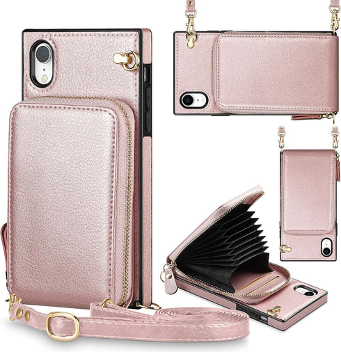 for iPhone XR Zipper Leather Wallet Case (6.1-Inch) - 3-in-1 Crossbody Bag with Card Holder - Shockproof PU Leather Case - 11-Card Capacity & Adju...