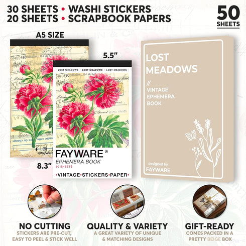 FAYWARE Vintage Washi Stickers for Journaling - Ephemera Book for Journaling with 414 Stickers & 20 Scrapbook Papers. Junk Journal Supplies, Scrap...