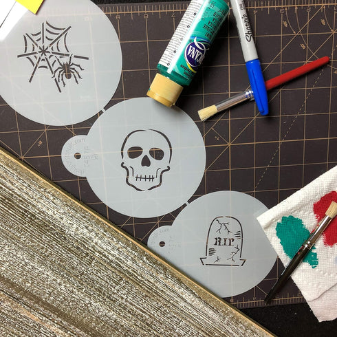 Designer Stencils Scary Halloween Cookie Stencil Set, (Spider Web, Skull, Gravestone), Beige/semi-transparent...