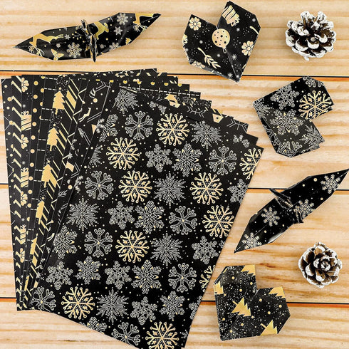 Whaline 60 Sheet Christmas Pattern Paper A5 Size 12 Designs Snowflake Reindeer Christmas Tree Glossy Pattern Paper Black Gold Decorative Craft Pap...