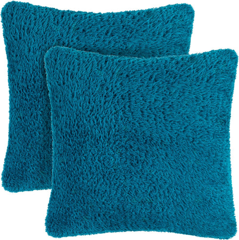 PAVILIA Fluffy Teal Blue Throw Pillow Covers, Decorative Accent Pillow Cases for Bed Sofa Couch, Soft Faux Fur Cushion Cover, Square Sherpa Pillow...