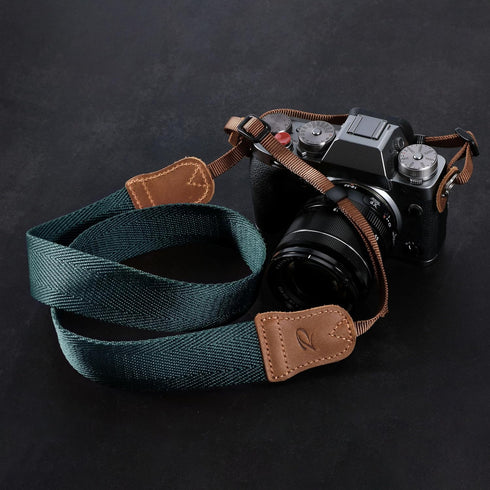 Padwa Lifestyle Dark Blue Green Camera Strap -Double Layer Crazy Horse Cowhide End,1.5" Wide Pure Cotton Woven Camera Straps,Adjustable Neck Shoul...