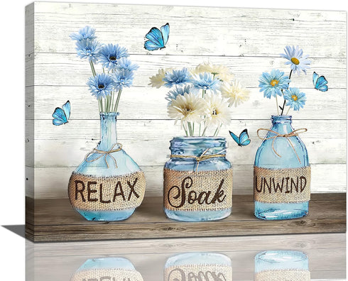 Farmhouse Bathroom Decor Wall Art Rustic Daisy Bathroom Pictures Canvas Print Country Bathroom Relax Soak Unwind Wall Decor Painting Framed Modern...