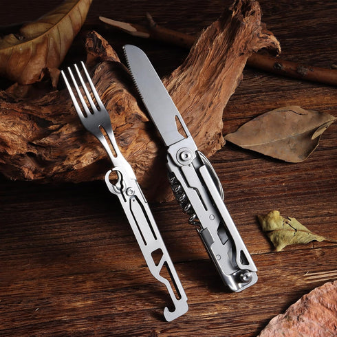 Camping Utensils, 6-In-1 Detachable Stainless Steel Camping Flatware Multi-tool kits with Spoon Fork Knife Corkscrew Bottle&Can Opener, Folding Po...