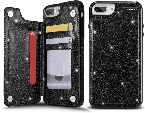 UEEBAI Case for iPhone 7 Plus 8 Plus, Premium Glitter PU Leather Case Back Wallet Cover with Two Magnetic Clasp, Card Slots, Stand Function, Durab...