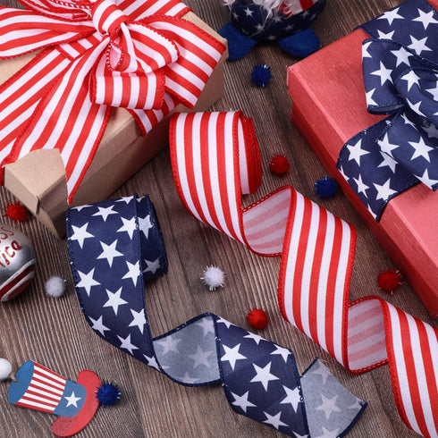 2 Rolls 20 Yard Red White and Blue Ribbon Patriotic Star and Striped Wired Ribbon Royal Blue USA Ribbon DIY Crafts for 4th of July, Independence D...