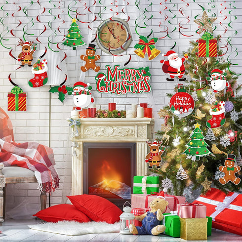 30 Pcs Christmas Swirl Ceiling Hanging Decorations Set Xmas Holiday Snowman Elk Sign Hanging Foil Indoor Decorations for Ceiling Xmas Holiday Part...
