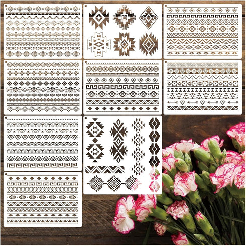 Aztec Tribal Stencils for Painting on Wood, Southwest Border Stencils for Crafts Reusable Wood Burning Drawing Art Paint Stencils and Patterns for...