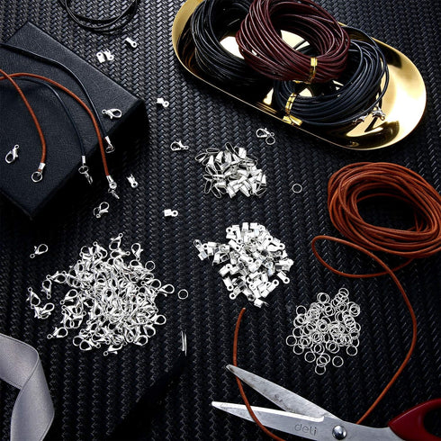 Leather Cord for Jewelry Making Kit, 24 Meters 2 mm Wide Leather Cord Leather Jewelry Rope and 250 Pieces Jewelry Findings Necklace Bracelets Craf...