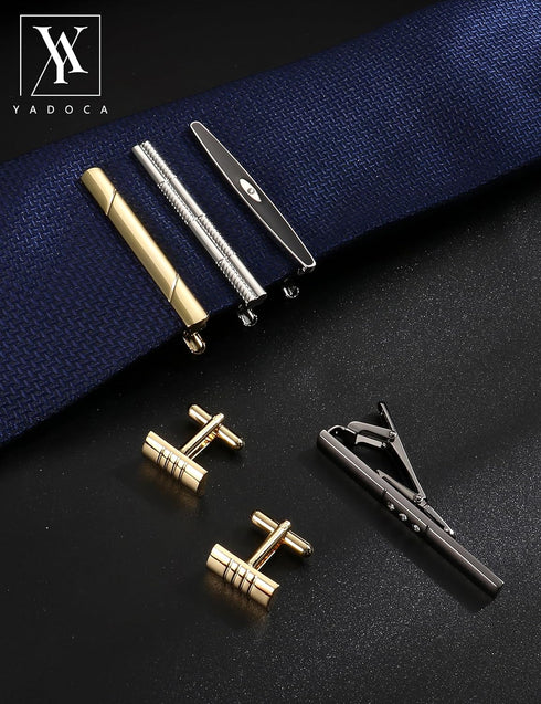 YADOCA Tie Clip Cufflinks Set for Men Necktie Tie Bar Clips Business Shirts Tuxedo Wedding Gift with Box Silver-tone Gold-tone Black...