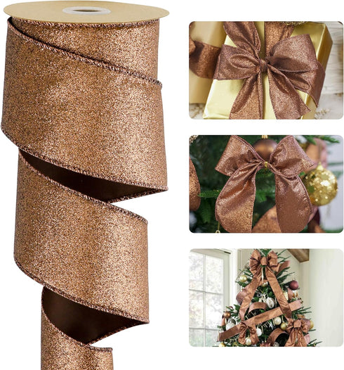 HUIHUANG Copper Christmas Ribbon 2-1/2" Sparkle Metallic Glitter Wired Ribbon for Tree, Bows Making, Wreath Supplies, Gift Wrapping, Garland, Home...