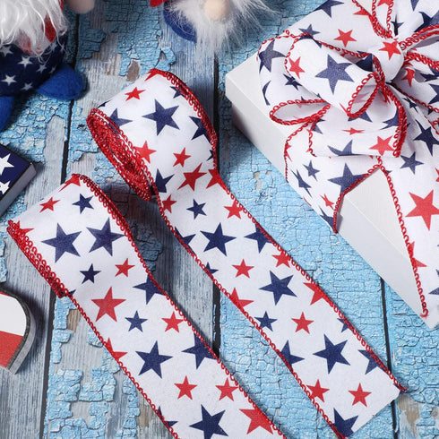 Xunyee 2 Rolls 20 Yards Red White Blue Ribbon Independence Day Stars Wired Edge Ribbon Fabric Patriotic Flag 4th of July Patriot Day Labor Day Rib...
