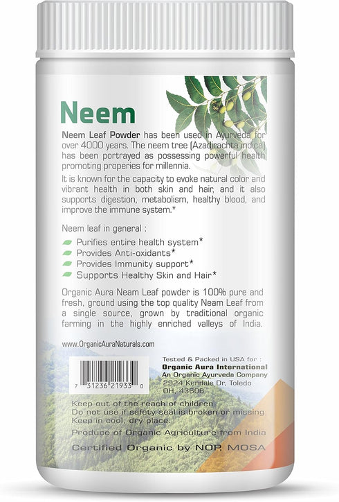 Organic Aura Neem Leaf Powder (Azadirachta Indica). 100% Pure Neem, Raw and Green. USDA Certified Organic Neem for Immune Support, Skin, and Hair....