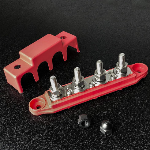 MGI SpeedWare 4-Post Power Distribution Block Busbar 5/16" Studs with Cover, 250 AMP Rating for Automotive, Marine, and Solar Wiring (Red)...