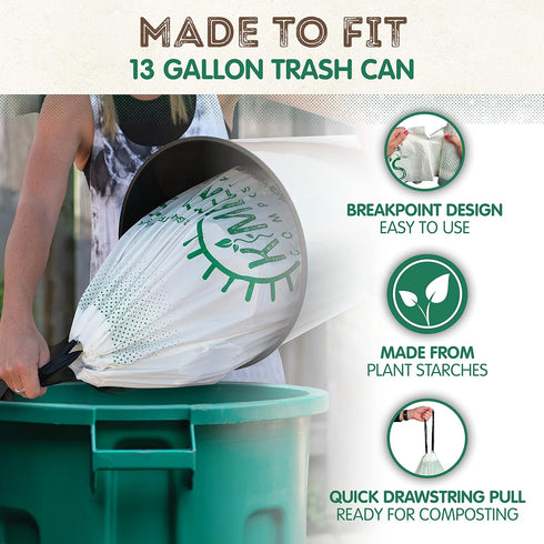 KC’s Compostable Tall Kitchen Trash Bags 13 Gallon, 25 Bags | Easy-Tie Drawstring Closure, 3X Extra Durable & Plant-Based Compostable Garbage Bags...